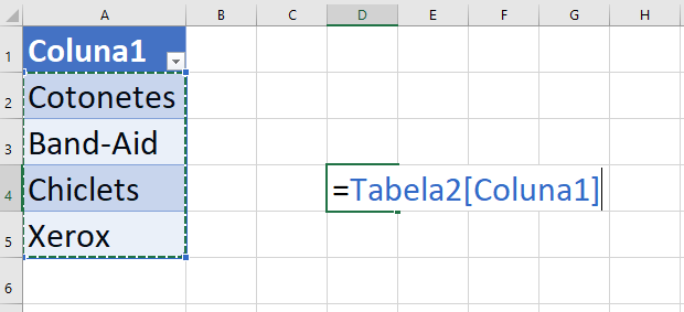 Screenshot mostrando como o Excel gera o código da Tabela (ex: Tabela1[Produtos]) ao selecionar os itens, pronto para ser copiado para a função INDIRETO.