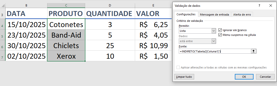 Janela de Validação de Dados, mostrando a fórmula =INDIRETO("Tabela1[Produtos]") preenchida na caixa Fonte para criar a lista suspensa que se atualiza automaticamente.