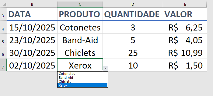 Lista Suspensa no Excel após a Validação de Dados, mostrando o menu drop-down aberto e os itens de produto (Cotonetes, Band-Aid, Chiclets, Xerox) disponíveis para seleção.