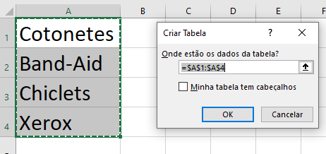Janela de diálogo do Excel mostrando a caixa para "Minha tabela tem cabeçalhos", ilustrando o processo de criação de uma Tabela para a lista dinâmica
