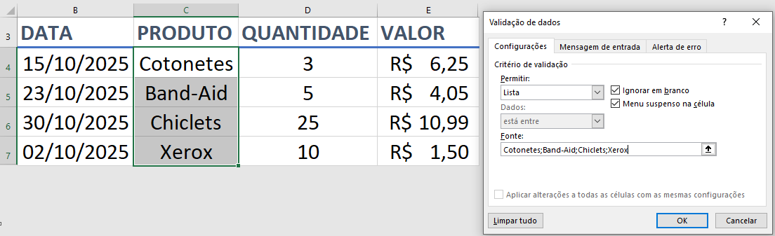 Janela de Validação de Dados no Excel, mostrando a opção "Lista" selecionada e a "Fonte" preenchida com os itens separados por ponto e vírgula.