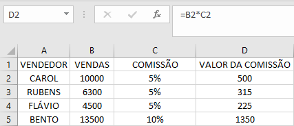 Exemplo de cálculo de comissão automática usando a função SE no Excel