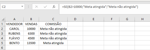 Exemplo da função SE mostrando se o vendedor atingiu a meta no Excel