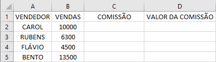 Tabela Simples para calcular comissão e valor da comissão com função SE