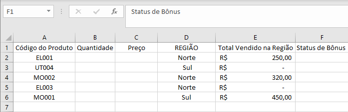 Planilha com coluna status de bonus. O pedido terá o Status de Bônus se o Código do Produto for EL001 E a Região for Norte.