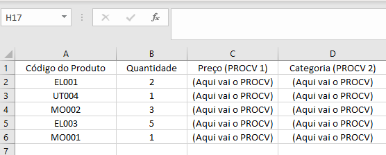 TABELA SIMPLES COM CÓDIGO DO PRODUTO E QUANTIDADE PARA EXEMPLO DE PROCV