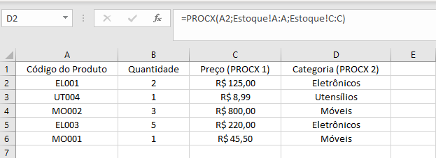 Imagem de tabela de pedidos com coluna de categoria (procx2) fazendo cruzamento de dados com a sheet de Estoque