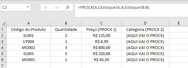 Imagem de tabela com coluna preço (procx1) fazendo cruzamento de dados com a sheet de Estoque