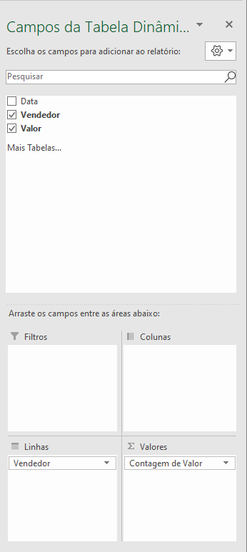 imagem de campo tabela dinâmica filtrando apenas os campos de nome em linhas e valor em valores