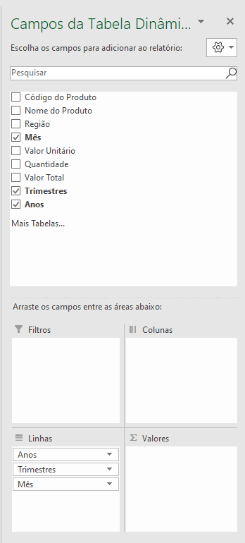Campos da tabela dinamica com mes, trimestre e anos na aba linhas