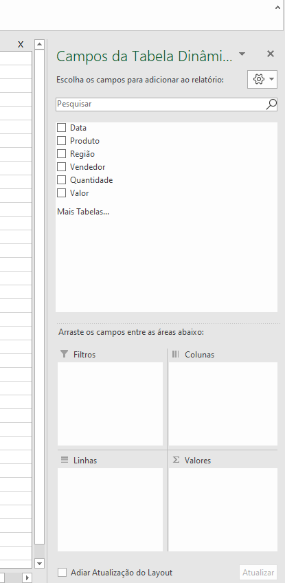 Imagem de campos de tabela dinâmica a direita extraída da planilha dinâmica de vendas de eletrônicos
