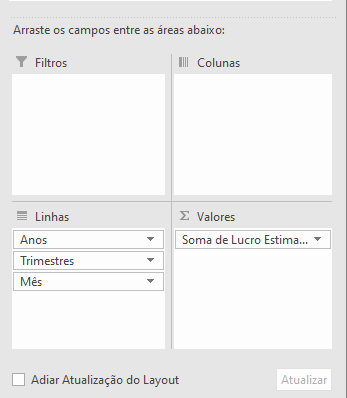 Imagem com campos tabela dinâmica com valor total em valores