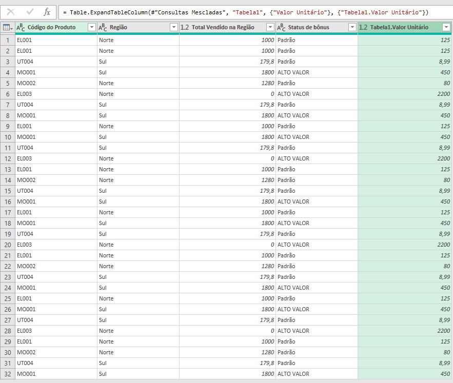 Imagem no power query mostrando uma nova coluna com valor unitario