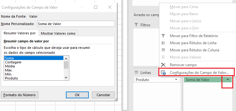imagem mostrando as configurações do campo de valor somar