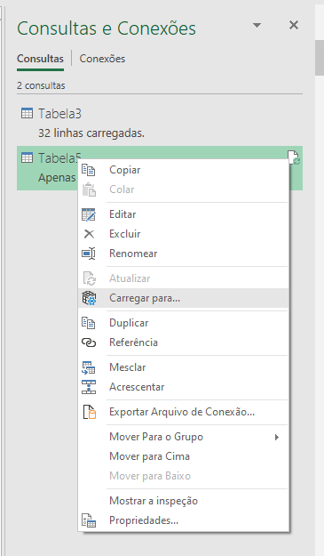 Imagem de filtro de carregar para em consultas de conexões para criar uma nova tabela
