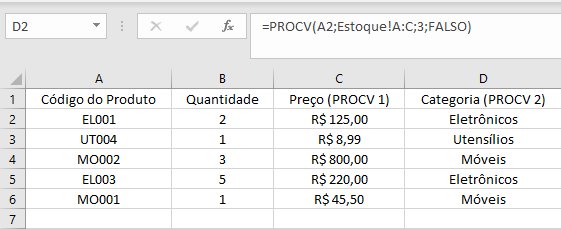 Procv usado para cruzamento de dados entre sheets de Pedidos e Estoque para sessão de categoria