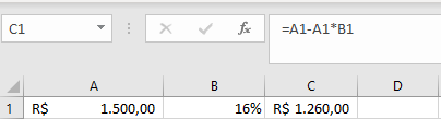 Exemplo de cálculo de porcentagem no Excel usando a fórmula A1 menos A1×B1.