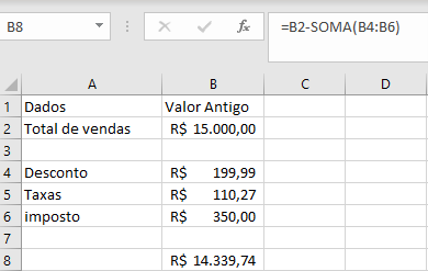 Fórmula no Excel =B2-SOMA(B4:B6) demonstrando o cálculo de subtração de um intervalo de células.