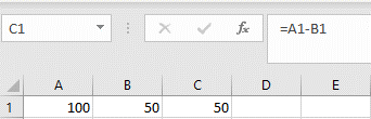 Exemplo de fórmula de subtração no Excel usando A1 menos B1, mostrando o resultado 50.