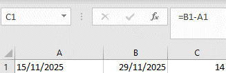 Exemplo de subtração de datas no Excel usando a fórmula B1 menos A1.