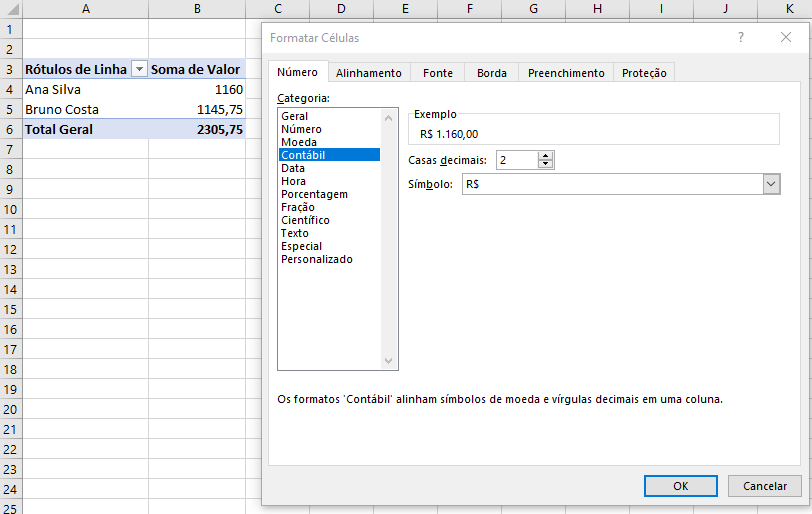 Imagem mostrando onde formatar a célula de texto para contábil