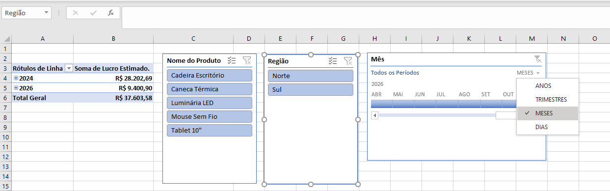 inserir linha do tempo com filtros de anos, trimestres,meses e dias