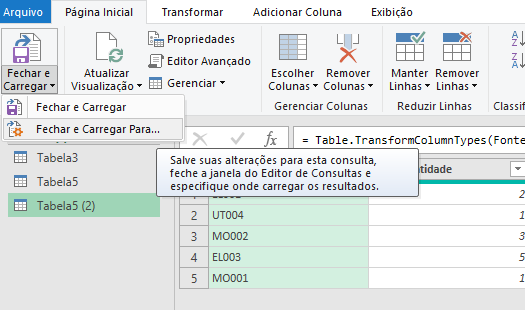 imagem de fechar e carregar no power query