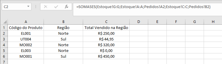 Imagem de tabela simples para exemplo do uso do somases com 3 colunas