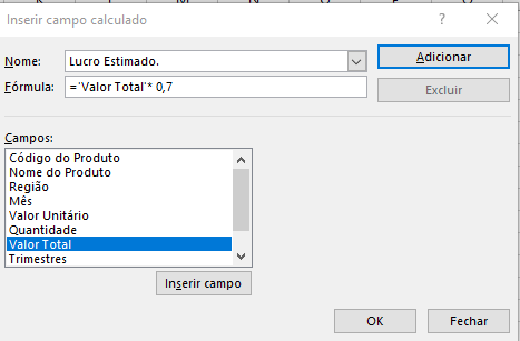 Imagem de um campo calculado com valor total