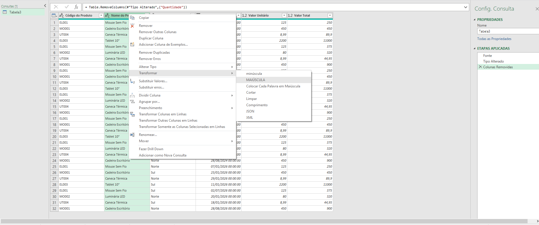 imagem do power query transformando coluna nome do produto em letra maiuscula