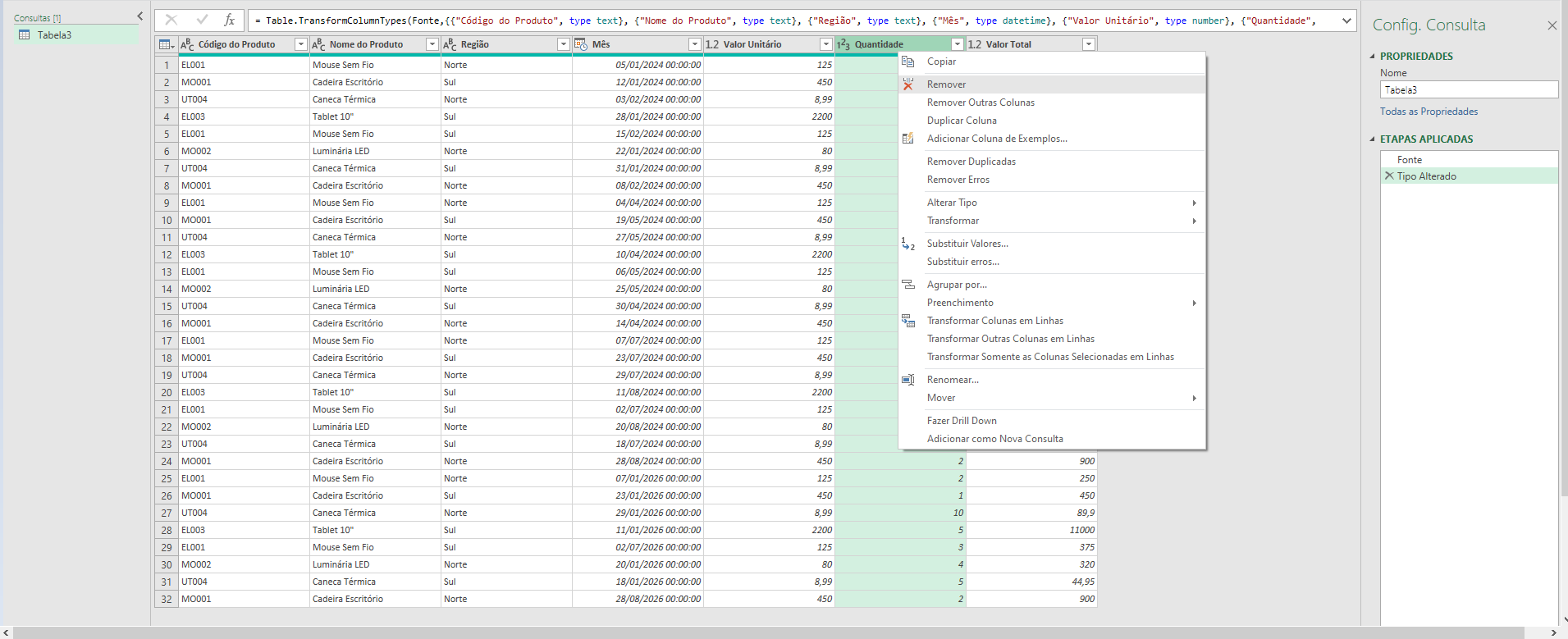 imagem do power query removendo coluna