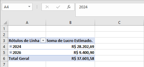 Tabela dinâmica com insert mensal, anual, trimestral e valor total