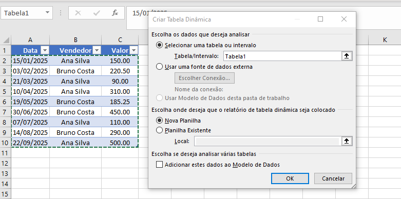 Imagem de tabela dinâmica de vendas por trimestre em uma nova aba