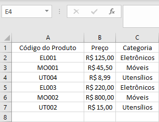Tabela simples de estoque (base de dados) para cruzar dados com procv