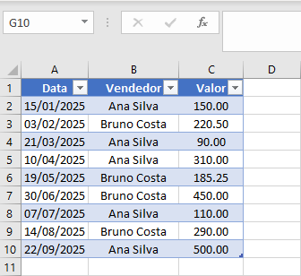 Imagem de tabela simples para calcular vendas por semestre do mês 01 ao mês 09